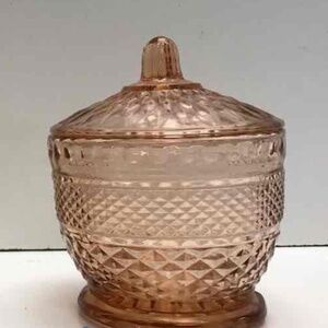 Pink Vintage glass candy dish trinket dish lid checkered depression style signed
